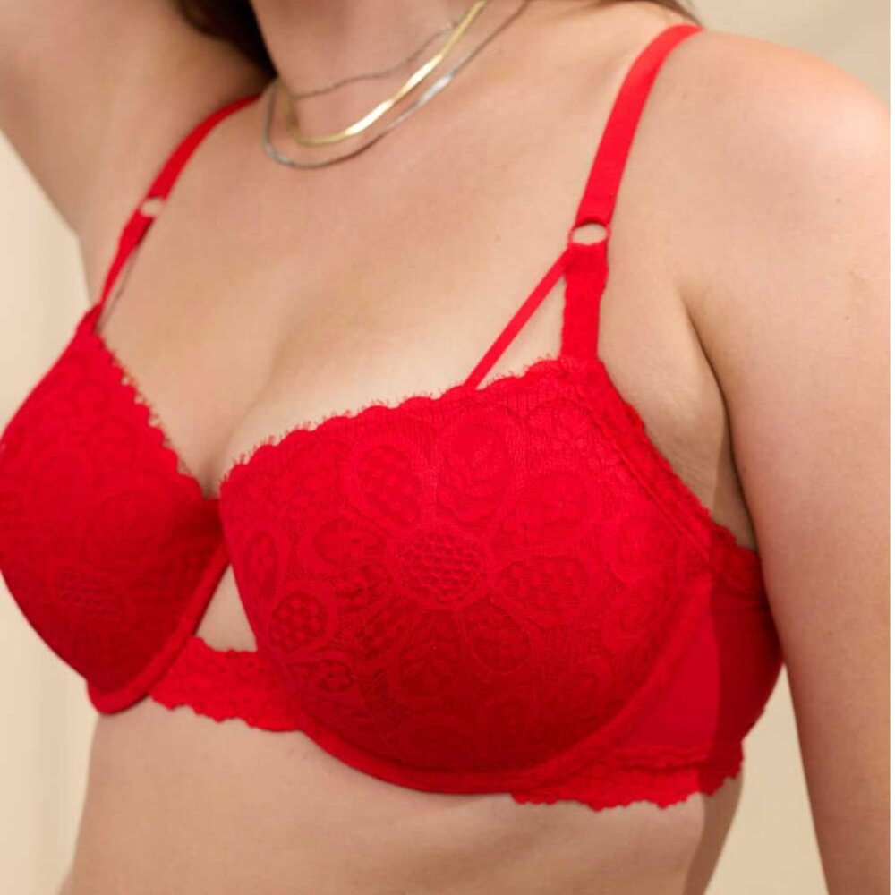 EUC Aerie American Eagle Red Show Off Coquette Lace Balconette Bra 32DD 34D